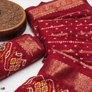 Red Bandhani Printed Dola Silk Saree Enhanced With Fine Weaving Accents