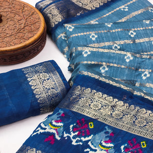 Blue Ikkat Printed Dola Silk Saree With Elegant Weaving Work