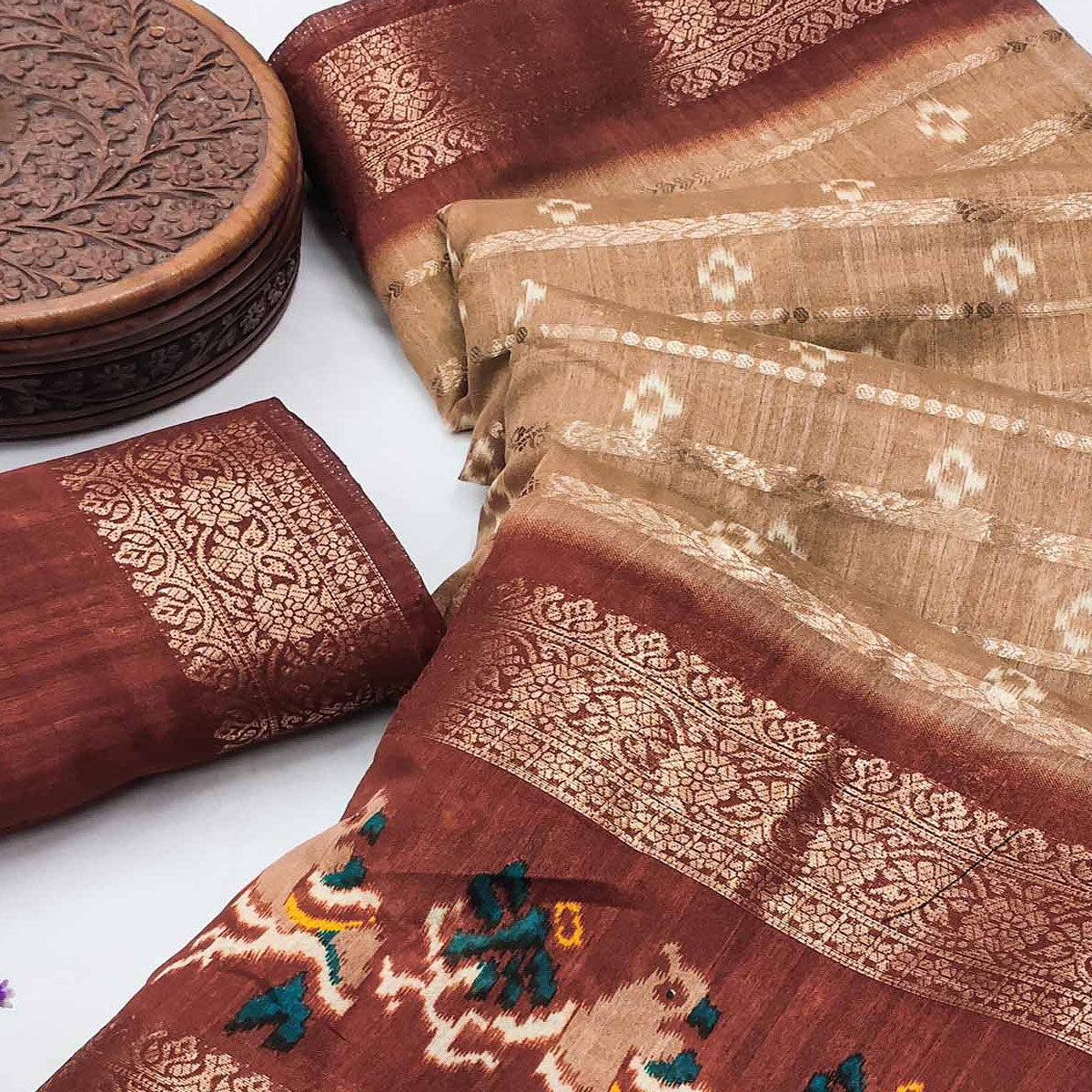 Chikoo Ikkat Printed Dola Silk Saree With Elegant Weaving Work