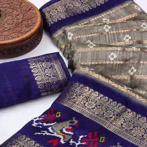 Grey & Navy Blue Ikkat Printed Dola Silk Saree With Elegant Weaving Work