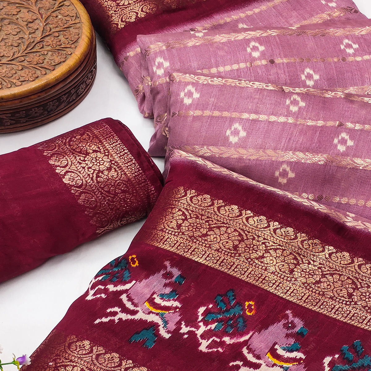 Pink Ikkat Printed Dola Silk Saree With Elegant Weaving Work