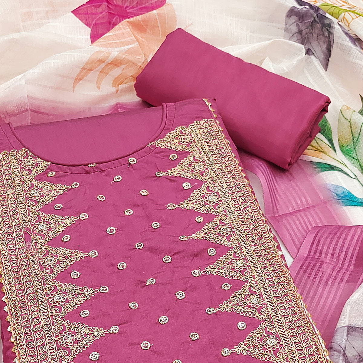 Dusty Pink Golden Thread Embroidered On Viscose Dress Material