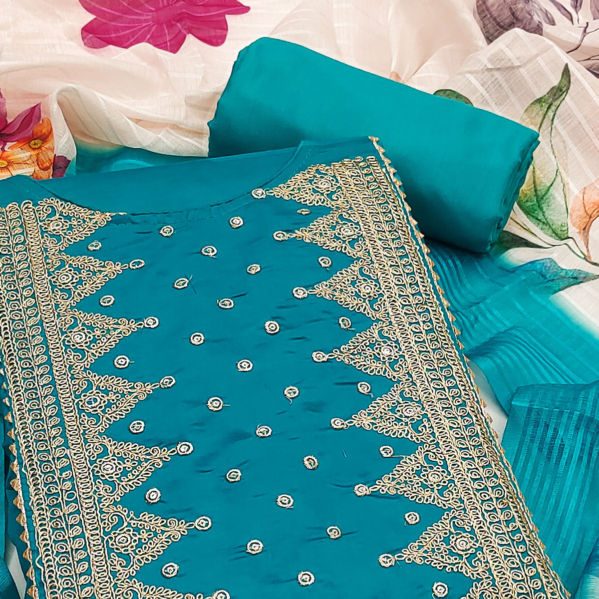 Teal Golden Thread Embroidered On Viscose Dress Material