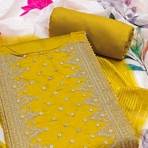 Yellow Golden Thread Embroidered On Viscose Dress Material