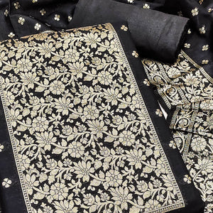 Classic Black Floral Zari Weaving Dress Material In Banarasi Silk