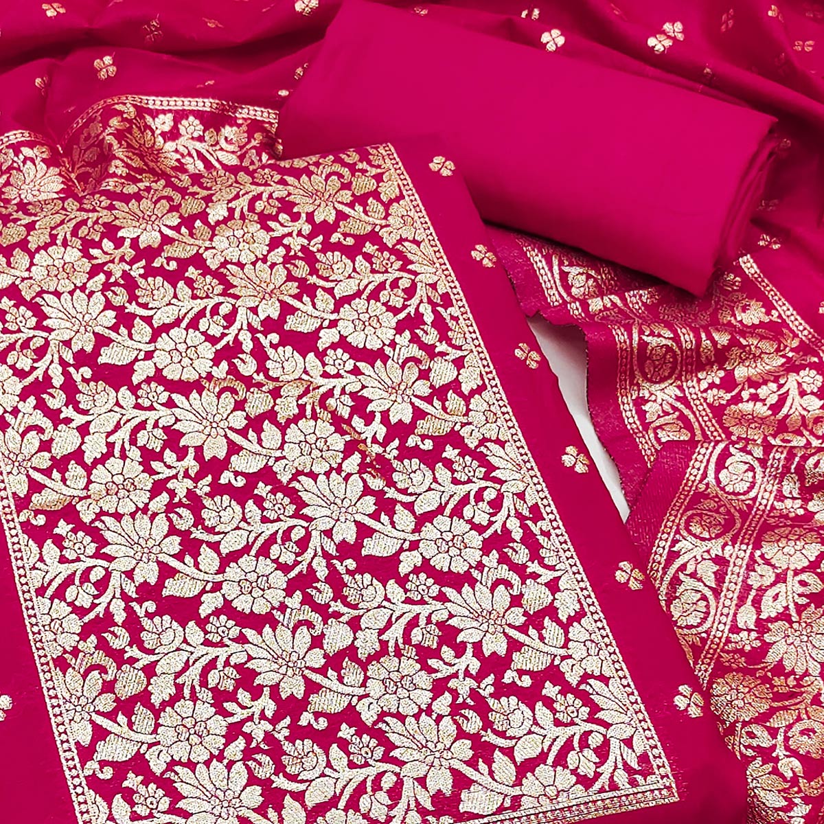 Regal Rani Pink Banarasi Silk With Floral Zari Weaving Work Dress Material
