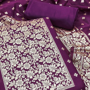 Opulent Wine Floral Zari Weaving Work Dress Material In Banarasi Silk