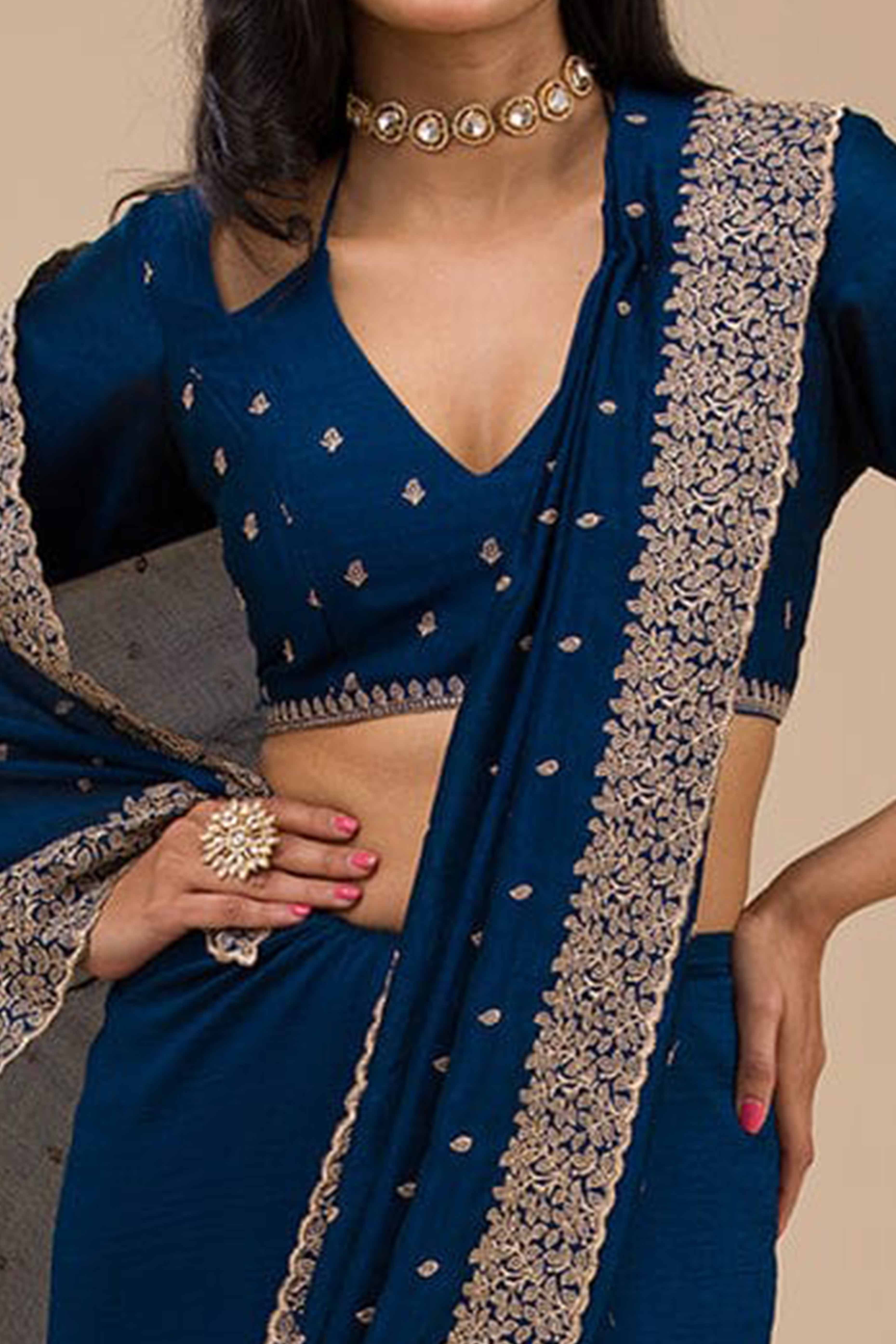 Sophisticated Blue Saree in Vichitra Silk with All-Over Floral Embroidered