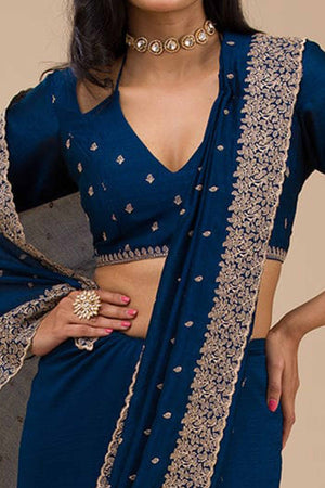 Sophisticated Blue Saree in Vichitra Silk with All-Over Floral Embroidered