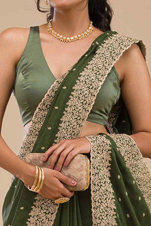 Sophisticated Green Saree in Vichitra Silk with All-Over Floral Embroidered