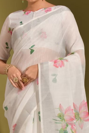 Ethereal White Linen Saree with Floral Print & Tassel Detail
