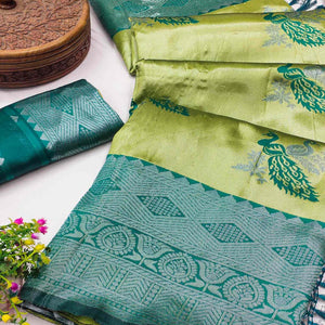 Parrot Green Banarasi Silk Saree Featuring Zari Weaving Peacock Pattern & Luxe Tassels