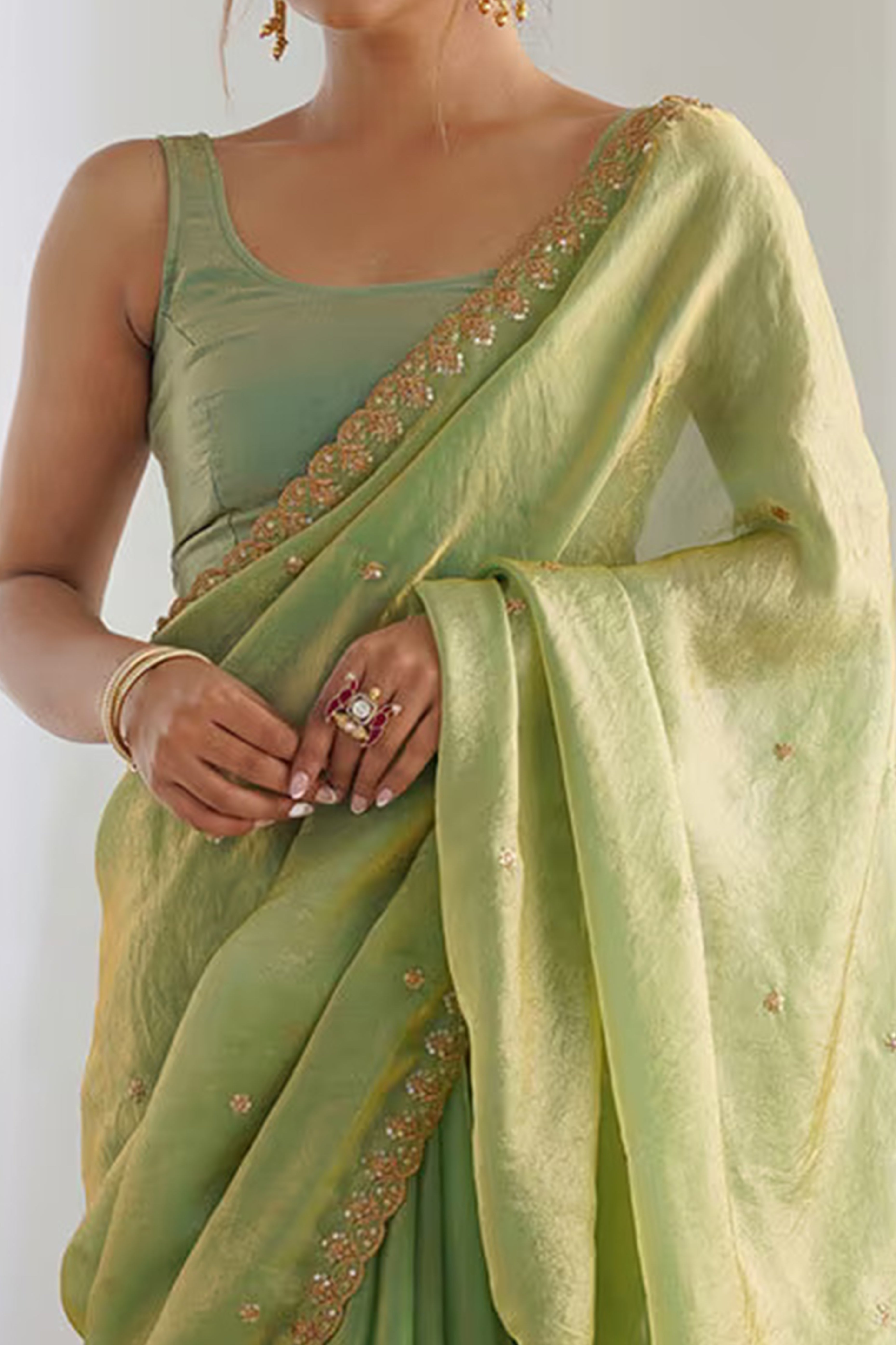 Stunning Green Organza Satin Silk Saree Adorned With Floral Sequin Zari Embroidery Work