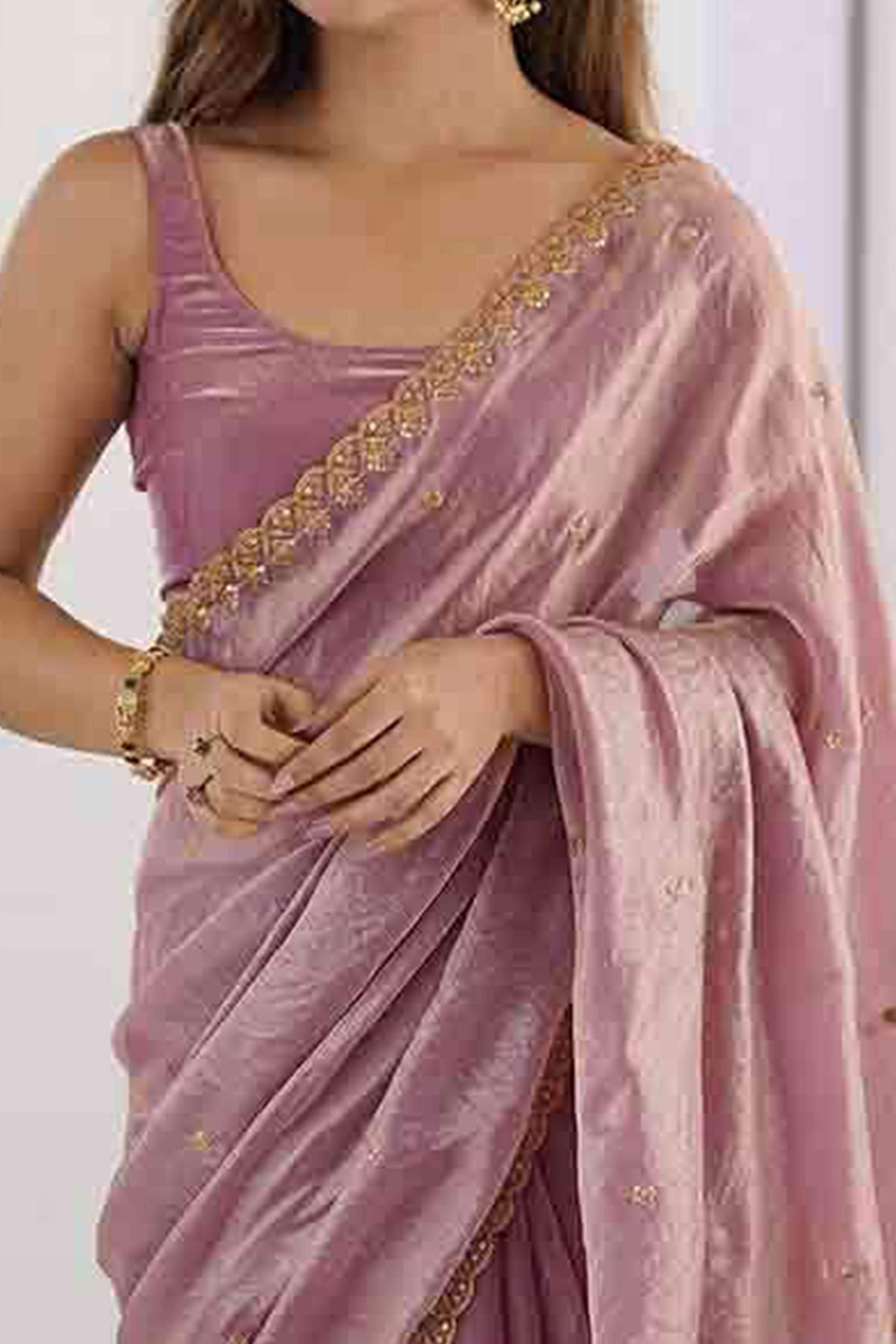 Stunning Mauve Organza Satin Silk Saree Adorned With Floral Sequin Zari Embroidery Work
