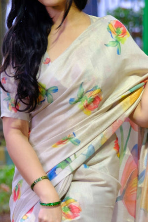 Beige Art Silk Saree Featuring Graceful Floral Motifs