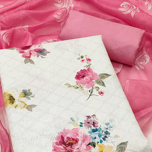 White Poly Cotton Blend Dress Material With Glimmering Floral Print