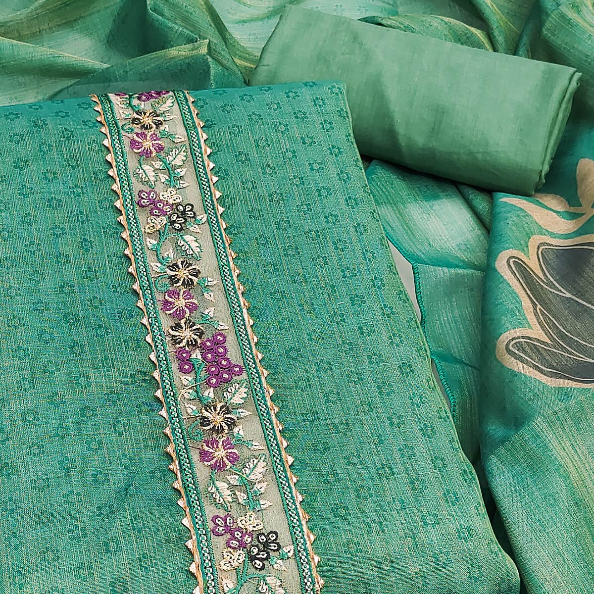 Green Art Silk Dress Material Adorned with Soft Floral Prints for a Regal Ethnic Touch