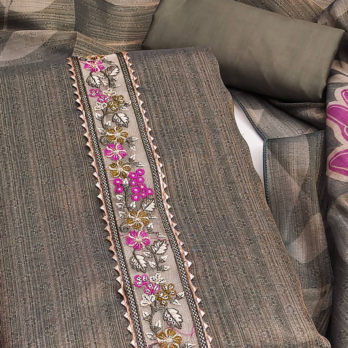Grey Art Silk Dress Material Adorned with Soft Floral Prints for a Regal Ethnic Touch