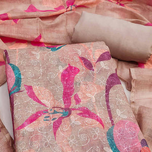 Brown Linen Dress Material Adorned with Artistic Floral Print and Elegant Thread Embroidery