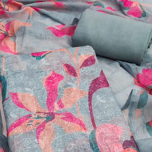 Grey Linen Dress Material Adorned with Artistic Floral Print and Elegant Thread Embroidery