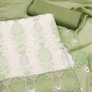 Premium Georgette Dress Material in Green & Cream with Refined Floral Embroidery