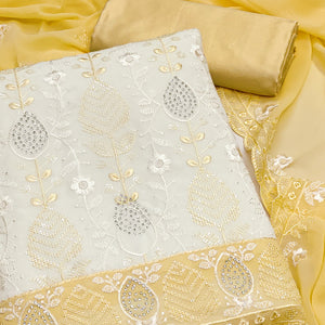 Premium Georgette Dress Material in Yellow & Cream with Refined Floral Embroidery