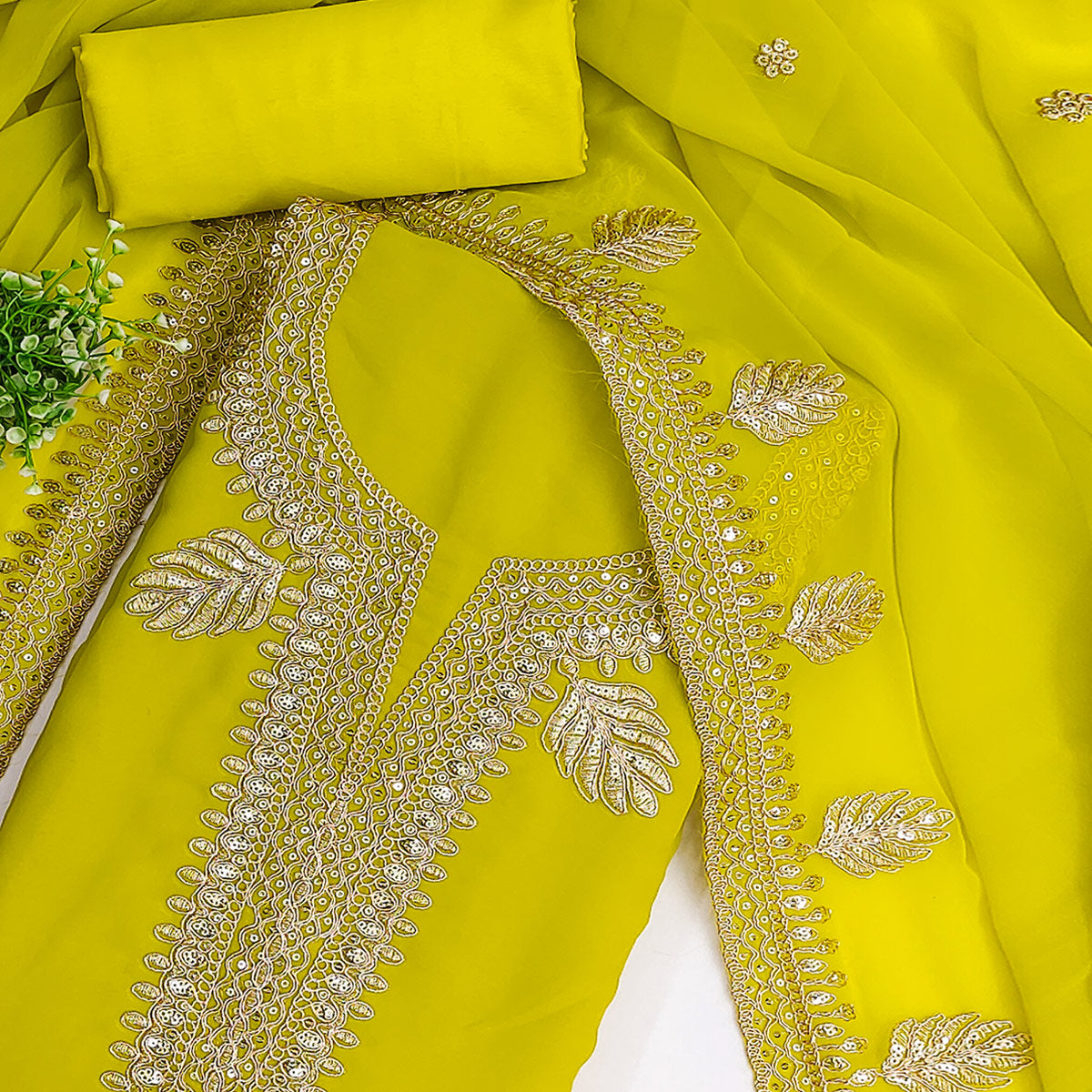 Lemon Green Ethnic Dress Material in Georgette with Embroidery