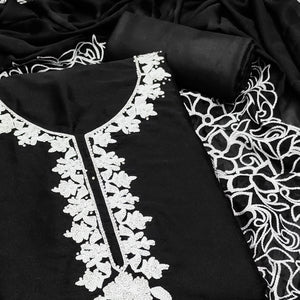 Black Unstitched Georgette Dress Material Featuring Thread Detailing