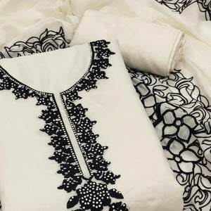 Off White Unstitched Georgette Dress Material Featuring Thread Detailing