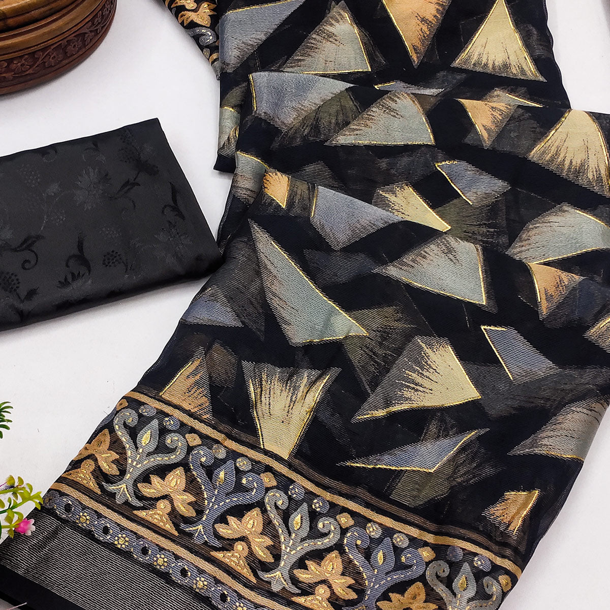 Black Saree in Brasso with Contemporary Geometric Print