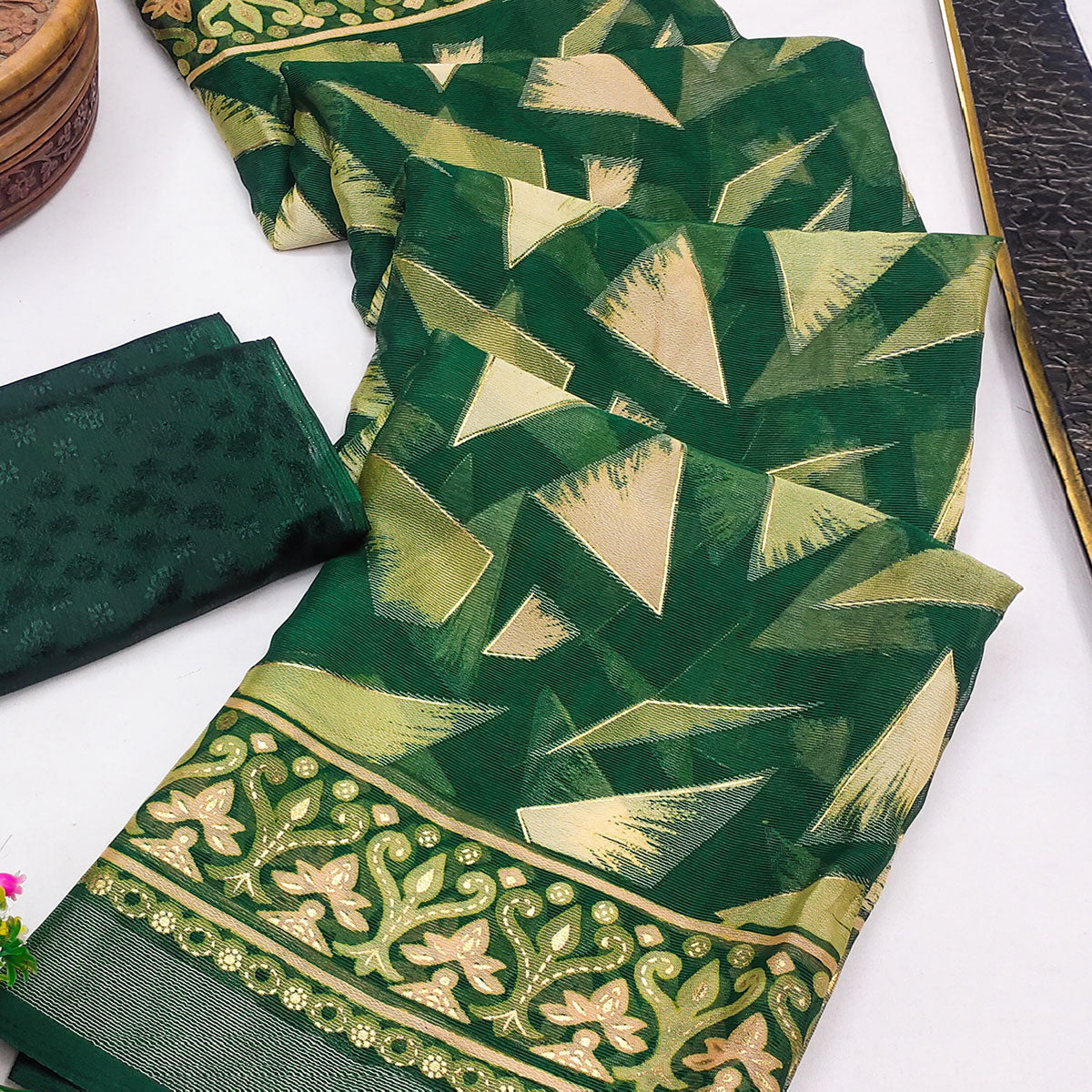 Green Saree in Brasso with Contemporary Geometric Print