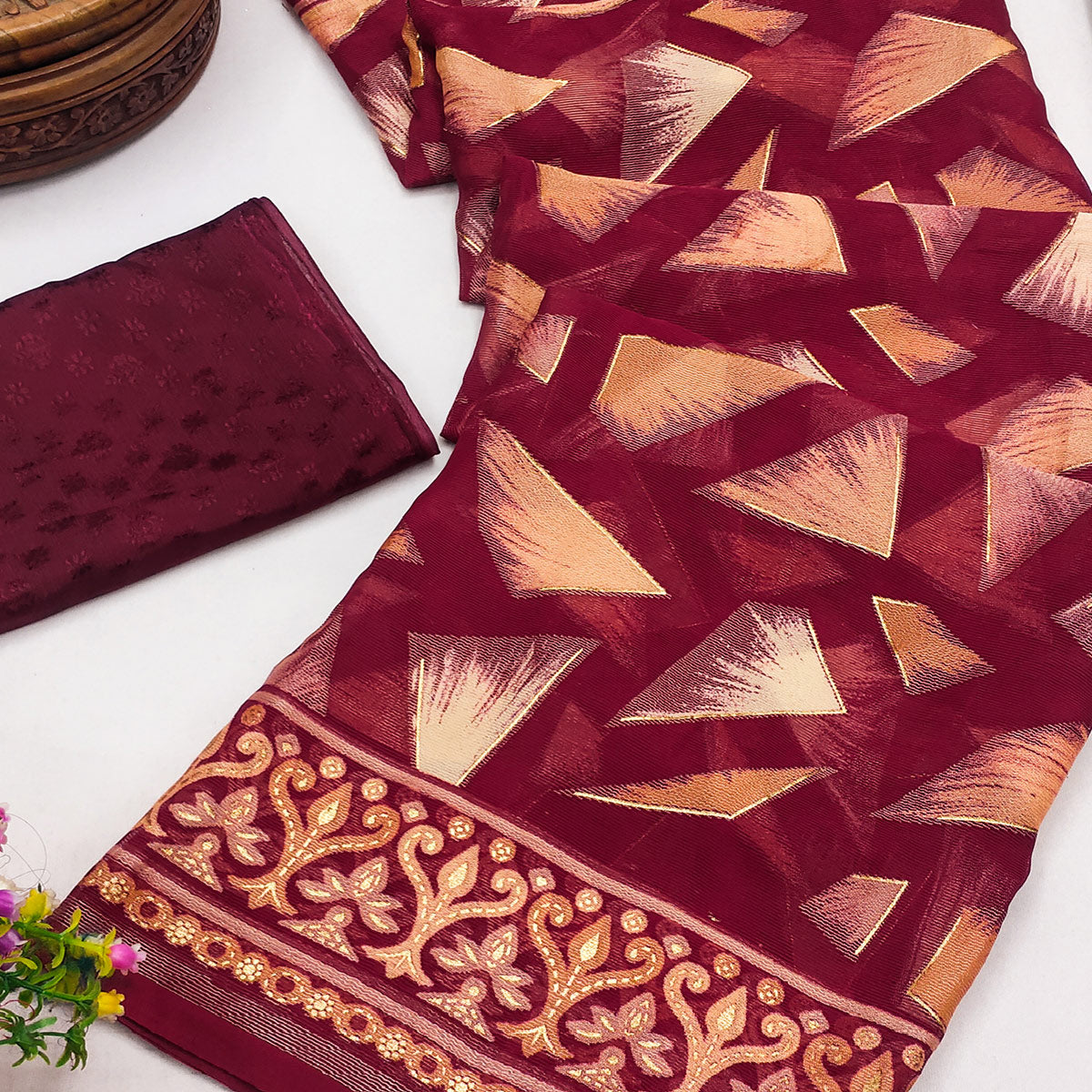 Maroon Saree in Brasso with Contemporary Geometric Print