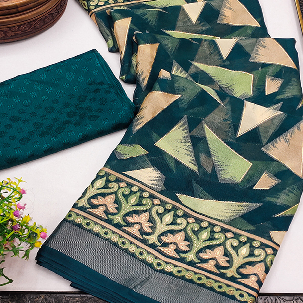 Teal Saree in Brasso with Contemporary Geometric Print