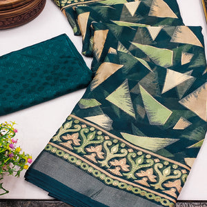 Teal Saree in Brasso with Contemporary Geometric Print
