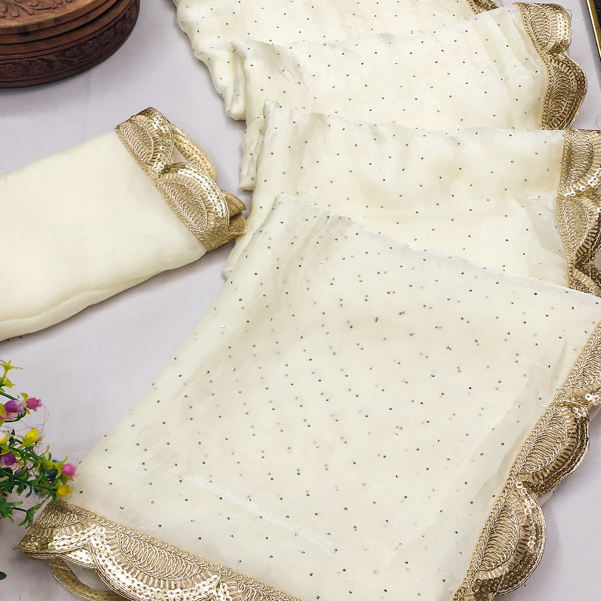 Designer Cream Satin Drape with Fine Sequins Embellishment