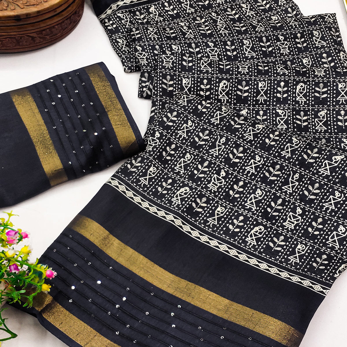 Black Printed Dola Silk Saree Showcasing Warli Heritage Patterns