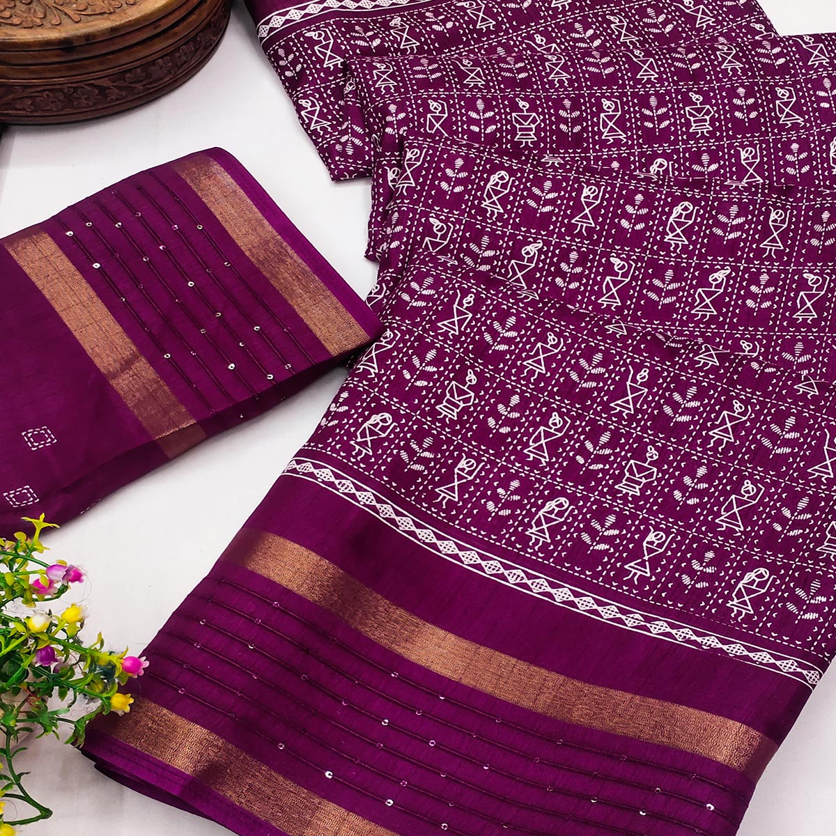Plum Purple Printed Dola Silk Saree Showcasing Warli Heritage Patterns