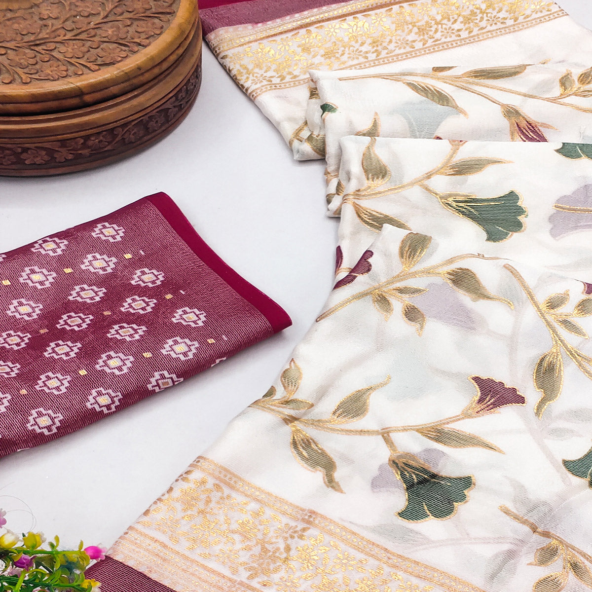 Magenta Sheer Brasso Saree Embellished with Floral Foil Print