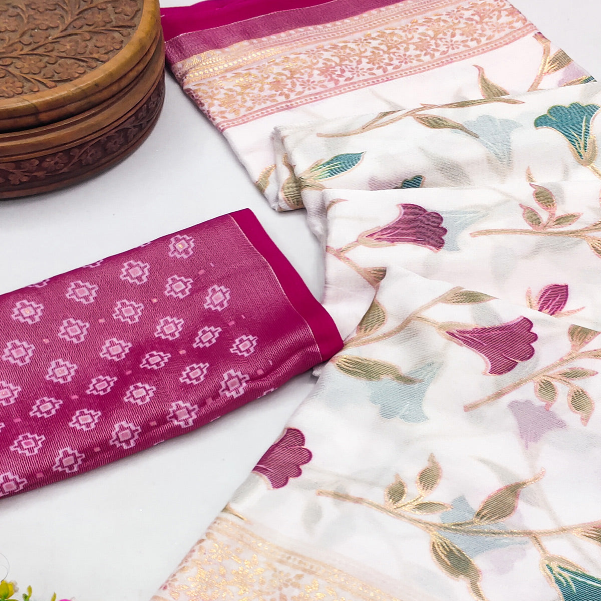 Pink Sheer Brasso Saree Embellished with Floral Foil Print
