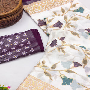 Purple Sheer Brasso Saree Embellished with Floral Foil Print