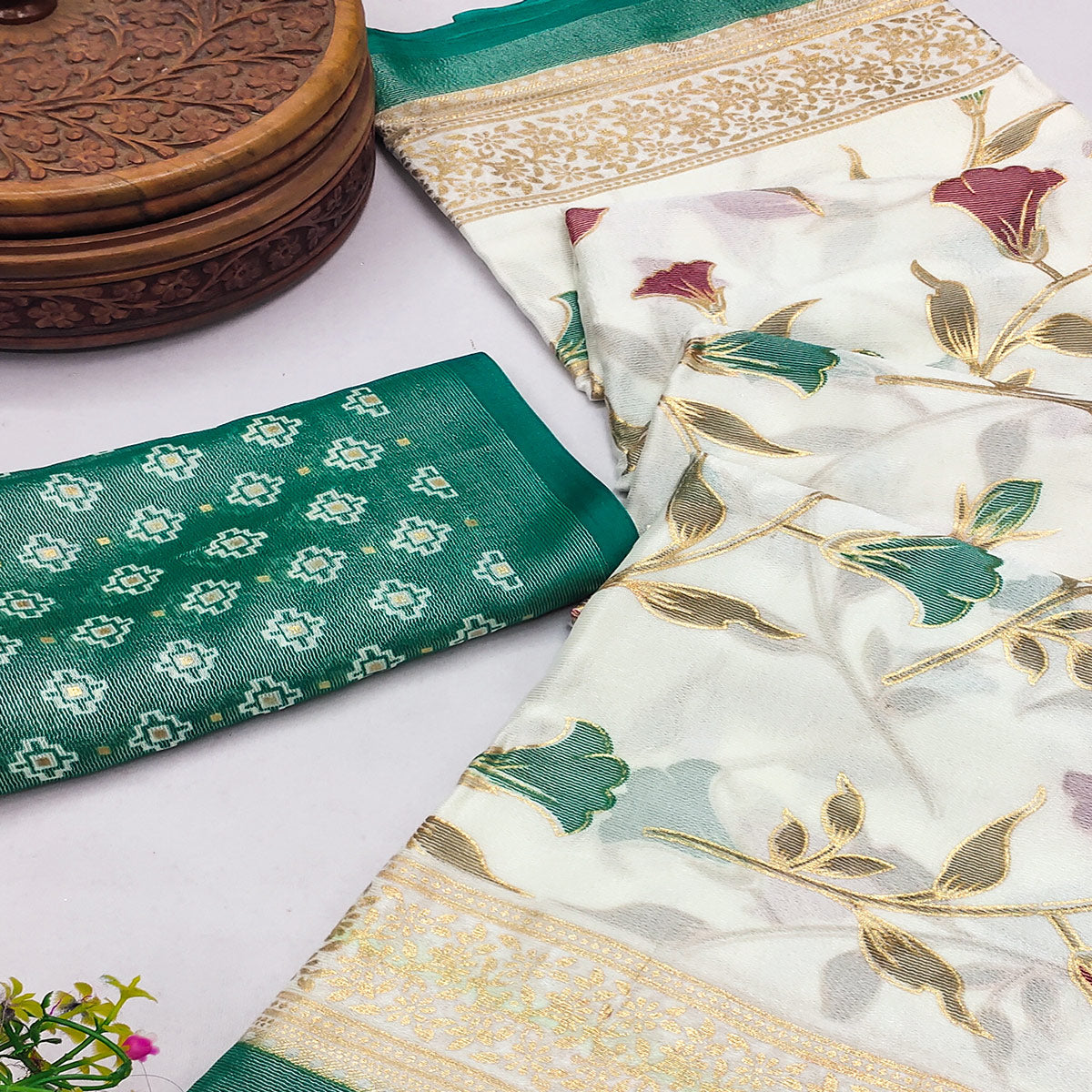 Rama Green Sheer Brasso Saree Embellished with Floral Foil Print