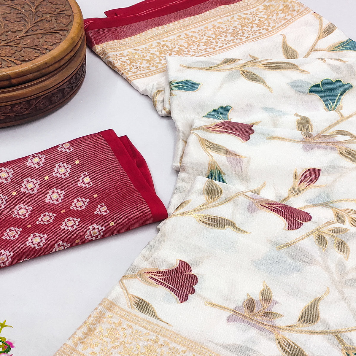 Red Sheer Brasso Saree Embellished with Floral Foil Print