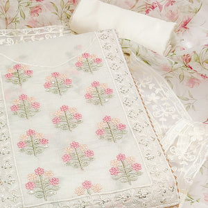 Off white Floral Heavy Embroidered Chanderi Silk Dress Material