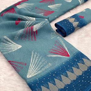 Blue Printed Dola Silk Saree with Contrast Woven Border Charm