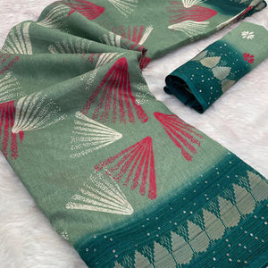 Green Printed Dola Silk Saree with Contrast Woven Border Charm