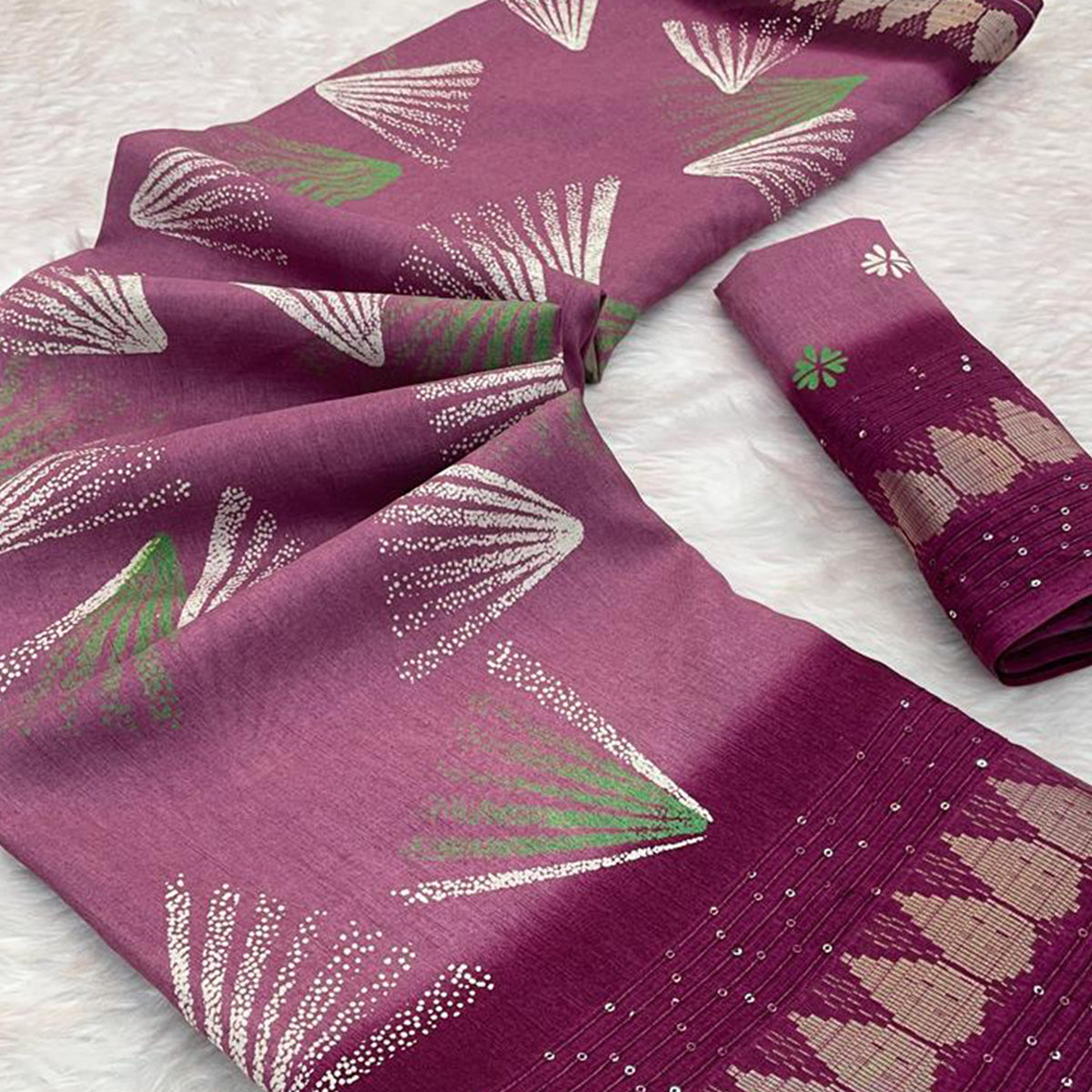 Purple Printed Dola Silk Saree with Contrast Woven Border Charm
