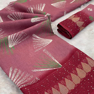 Red Printed Dola Silk Saree with Contrast Woven Border Charm