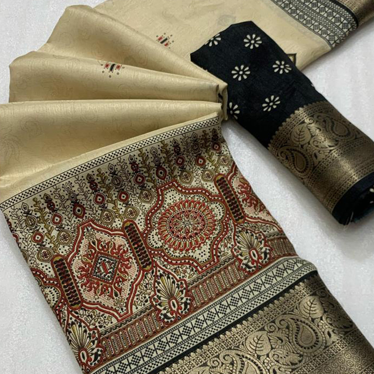 Black Woven Border Saree in Lustrous Dola Silk with Print Accents