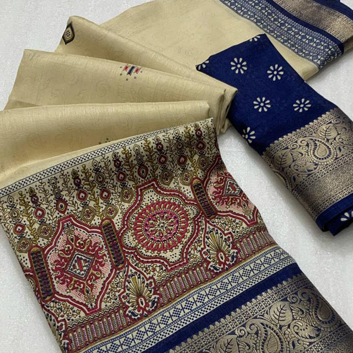 Blue Woven Border Saree in Lustrous Dola Silk with Print Accents