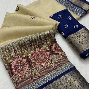 Blue Woven Border Saree in Lustrous Dola Silk with Print Accents